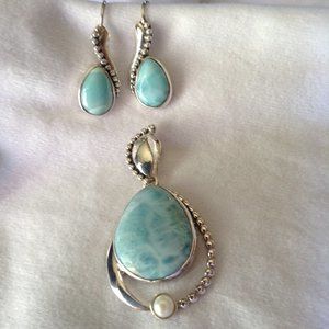 Sajen Larimar Pendant Pearl Accent Sterling Silver with Matching Earrings
